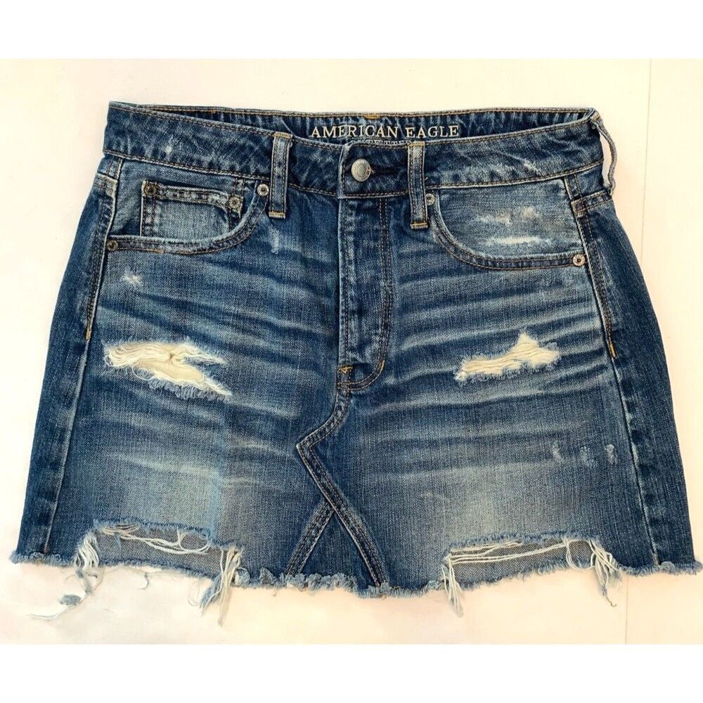 American Eagle Mini Skirt Womens 6 Festival Distressed Button Fly Denim
